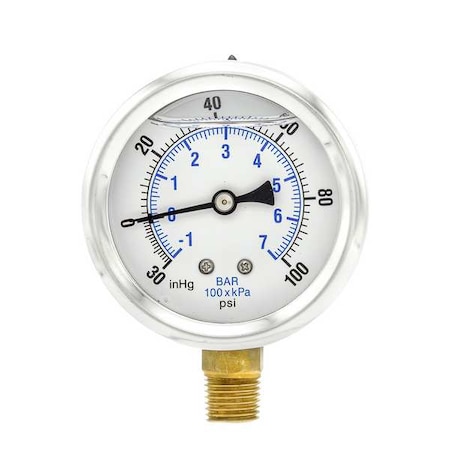 Industrial Compound Gauge, 30 to 0 to 100 psi, 2 1/2 in Dial, 1/4 in NPT, Bottom Location