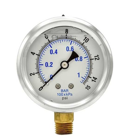 Industrial Pressure Gauge, 0 to 15 psi, 2 1/2 in Dial, 1/4 in NPT, Bottom Location