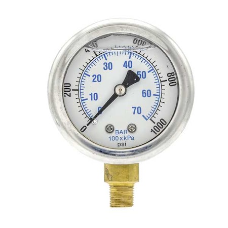 Industrial Pressure Gauge, 0 to 1,000 psi, 2 in Dial, 1/8 in NPT, Bottom Location
