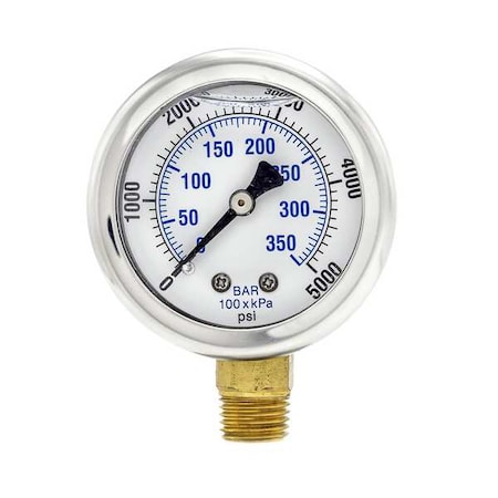 Industrial Pressure Gauge, 0 to 5,000 psi, 2 in Dial, 1/4 in NPT, Bottom Location