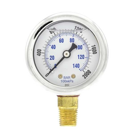 Industrial Pressure Gauge, 0 to 2,000 psi, 2 in Dial, 1/4 in NPT, Bottom Location