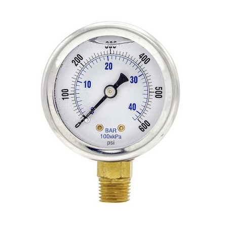 Industrial Pressure Gauge, 0 to 600 psi, 2 in Dial, 1/4 in NPT, Bottom Location