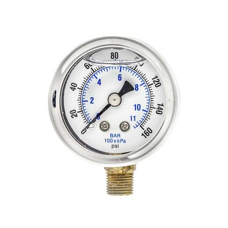 Industrial Pressure Gauge, 0 to 160 psi, 1 1/2 in Dial, 1/8 in NPT, Bottom Location