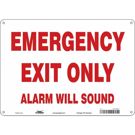 Exit Sign, Aluminum, 14" W, 10" H, Emergency Exit Only Alarm Will Sound, White