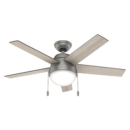 Decorative Ceiling Fan, 46 in Blade Dia, 5 Blades, 3 Speeds, 120V AC, Matte Silver