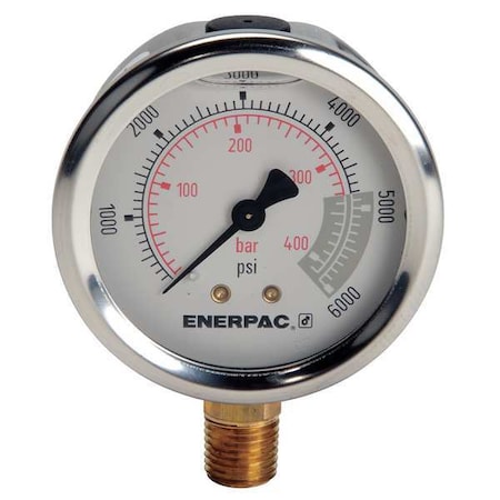 Hydraulic Cylinder Pressure Gauge, 0 to 6,000 psi psi, 2 1/2 in Dial, 1/4 in NPTF, Bottom Location