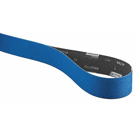Sanding Belt, 6 in W, 48 in L, Coated, Zirconia Alumina, 120 Grit, Medium, BlueFire R823P, Blue