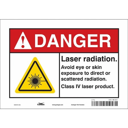 Laser Warning Sign, 7 in H, 10 in W, Vinyl, Vertical Rectangle,451R90