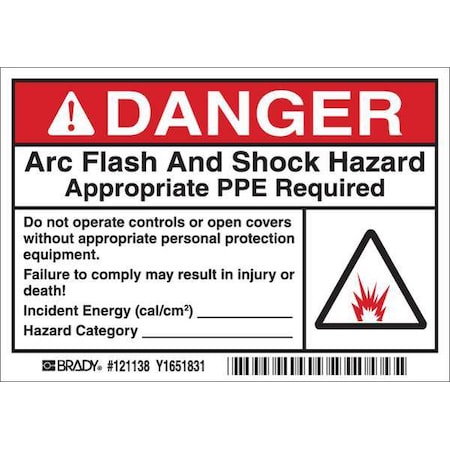 Arc Flash Label, 3 1/2 in Height, 5 in Width, Vinyl, Horizontal Rectangle, English
