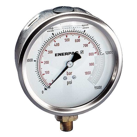Hydraulic Cylinder Pressure Gauge, 0 to 15,000 psi psi, 4 in Dial, 1/4 in NPTF, Bottom Location