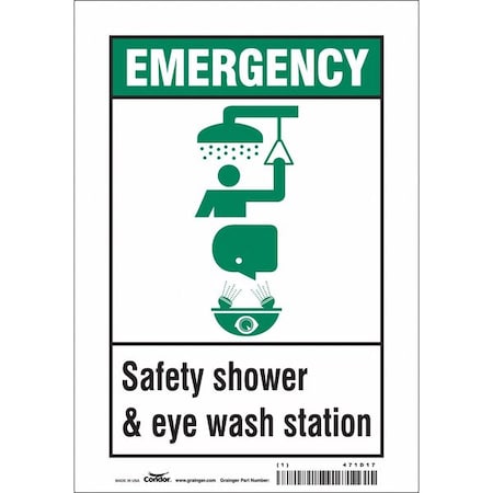 Emergency, Safety Shower & Eye Wash Station, 7 in W x 10 in H, Horizontal Rectangle, Vinyl, 471D17