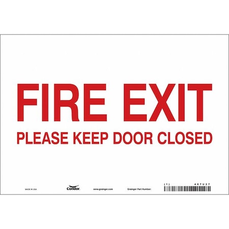 Safety Sign Emergency Exit, Vinyl, 10 in W, 7 in H, FIRE EXIT PLEASE KEEP DOOR CLOSED, White