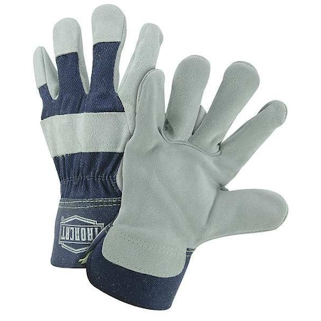 Leather Palm Gloves, Cowhide, Safety Cuff, Wing Thumb, Full Finger, Blue, L, 12 PK