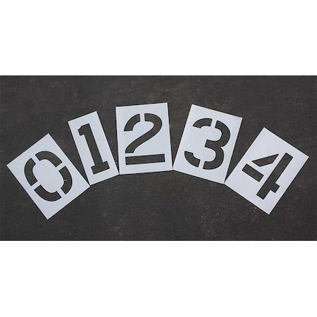 Pavement Stencil, Number Set, 0 Thru 9, Blanks, 12 in Character Height, Highway Gothic Font, Clear