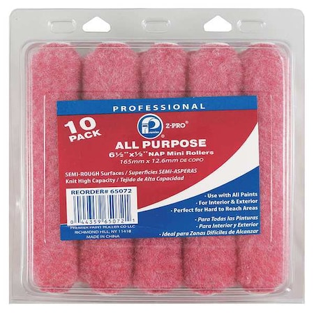 6-1/2" Mini Paint Roller Cover, 1/2" Nap, Polyester, 10 PK