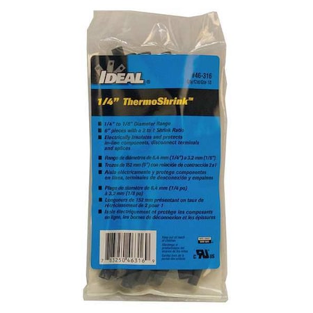 Heat Shrink Tube, Thin Wall, 2:1 I.D. Shrink Ratio, 0.27 in I.D. Before Shrinking, Black, 6 in