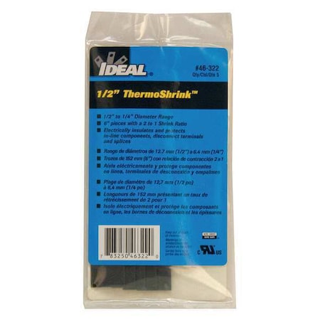 Heat Shrink Tube, Thin Wall, 2:1 I.D. Shrink Ratio, 0.54 in I.D. Before Shrinking, Black, 6 in