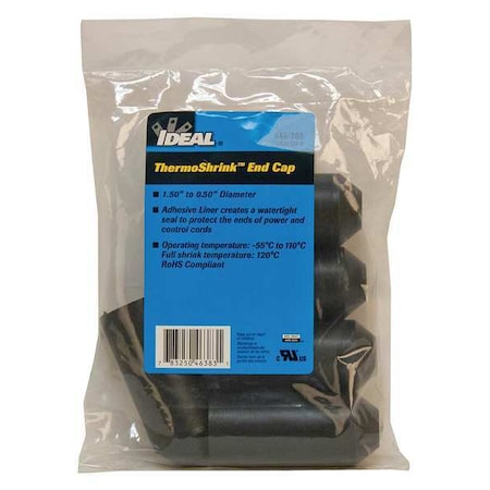 Adhesive Lined Heat Shrink End Cap, Medium Wall, 3:1 I.D. Shrink Ratio, Black, 3.31 in, 5 PK