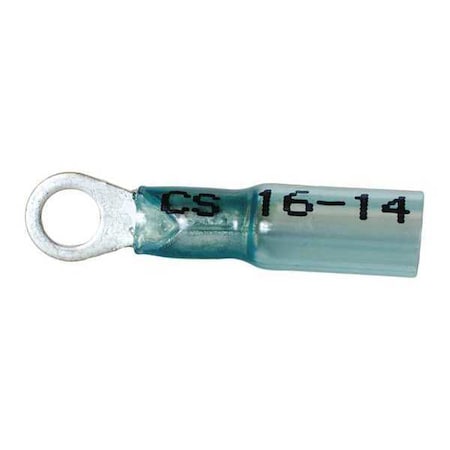 Ring Terminal, 3/8 in Stud Size, 14 AWG, 600 V, Heat Shrink Insulated, Blue, Crimp Termination Only