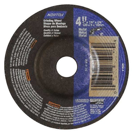 Depressed Center Grinding Wheel, Type 27, 4 in Dia, 0.25 in Thick, 5/8 in Arbor Hole Size, 24 Grit