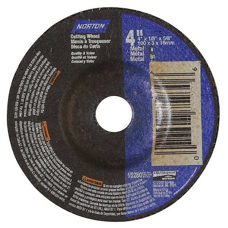 Cut-Off & Grinding Wheel, Type 27, 4 in Dia, 0.125 in Thick, 5/8 in Arbor Hole Size, Aluminum Oxide