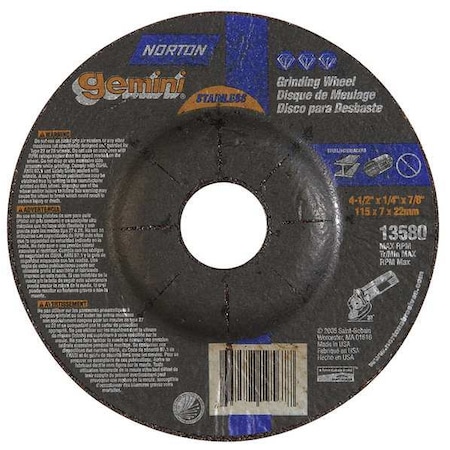 Depressed Center Grinding Wheel, Type 27, 4 1/2 in Dia, 0.25 in Thick, 7/8 in Arbor Hole Size