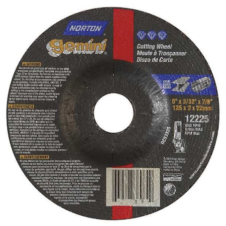 Depressed Center Cut-Off Wheel, Type 27, 5 in Dia, 0.0938 in Thick, 7/8 in Arbor Hole Size, 24 Grit