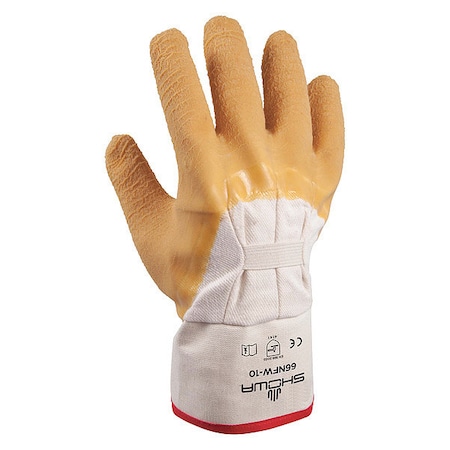 Coated Gloves, Natural Rubber Latex, Crinkled, 3/4 Dip, 0 Abrasion Level, White/Yellow, L (10) 1 PR