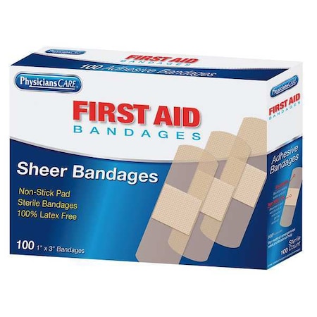 Adhesive Bandage, Sheer, Plastic, 1 in.,PK100