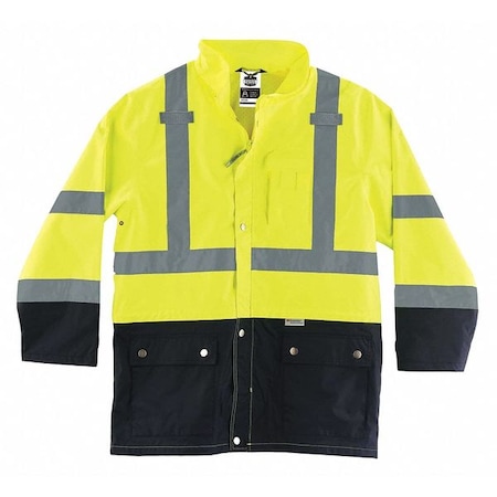Hi-Vis Rain Jacket, Polyester/Polyurethane Coating, Class 3 Type R, Lime/Black, S