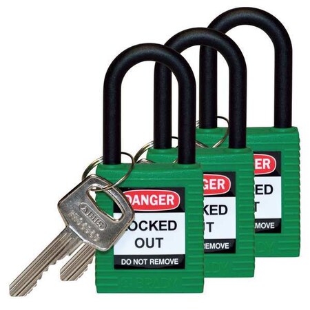 Lockout Padlock, Keyed Alike, Nylon, Green, 1 1/2 in Shackle Height, 1 1/2 in Body Width, 3 PK