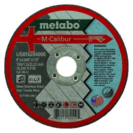 Abrasive Cut-Off Wheel, Type 1, 6 in Dia, 0.045 in Thick, 7/8 in Arbor Hole Size, Ceramic, 46 Grit