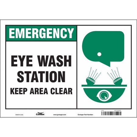 Emergency, Eye Wash Station Keep Area Clear, 14 in W x 10 in H, Horizontal Rectangle, Vinyl, 471C47