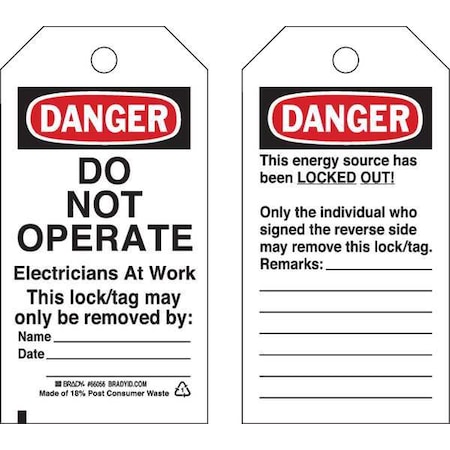 Danger Tag, Cardstock, 5 3/4 in H x 3 in W, Black/Red on White, Rectangle, 25 PK