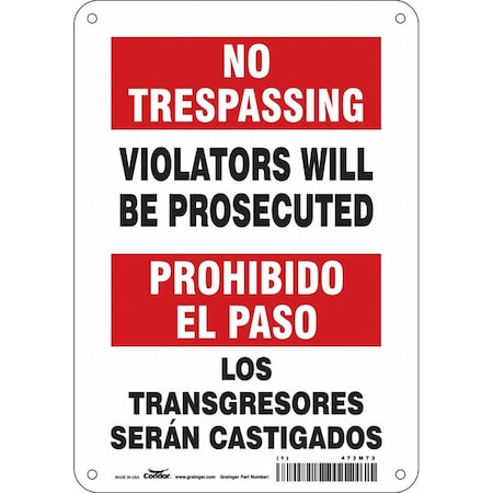 Safety Sign, 10 in H, 7 in W, Polyethylene, Horizontal Rectangle, English, Spanish, 473M73