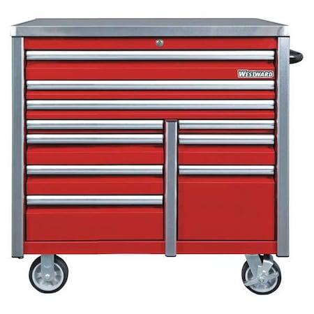 WESTWARD Rolling Tool Cabinet, 10-Drawers, Matte Red, 42" W x 25.5" D x 49" H