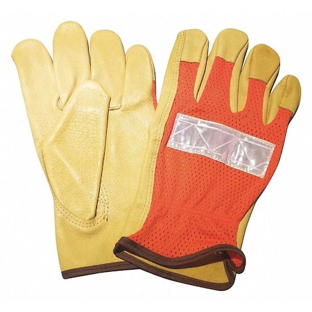 Leather Drivers Gloves, Shirred Slip-On Cuff, Keystone Thumb, High-Visibility Orange, M, 1 PR