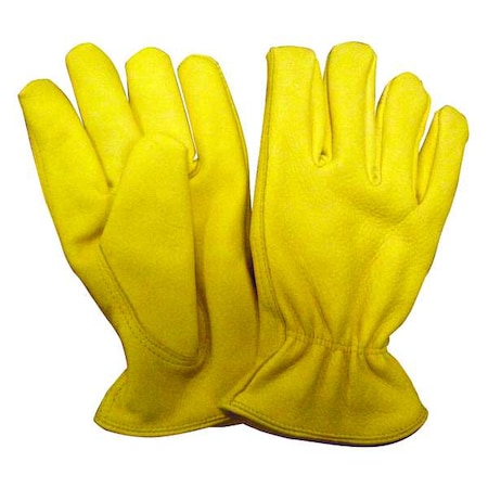Leather Drivers Gloves, Shirred Slip-On Cuff, Straight Thumb, Yellow, XL, 1 PR