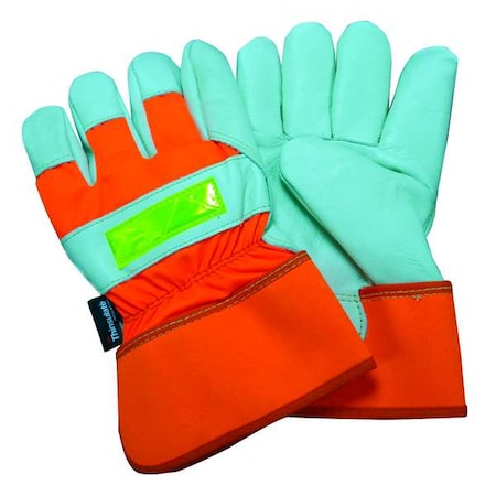 Leather Gloves, Cowhide, Safety Cuff, Wing Thumb, Full Finger, White/High-Visibility Orange, XL