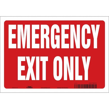 Exit Sign, Vinyl, 10" W, 7" H, Emergency Exit Only, Red