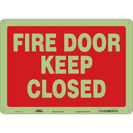 Safety Sign Emergency Exit, Glow Vinyl, 14 in W, 10 in H, FIRE DOOR KEEP CLOSED, Red, White