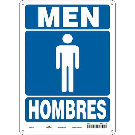 Restroom Sign, MEN/HOMBRES, 10 in W x 14 in H, Vertical Rectangle, Aluminum, 474A48
