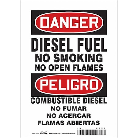 No Smoking Sign, 10 in Height, 7 in Width, Vinyl, Horizontal Rectangle, English, Spanish