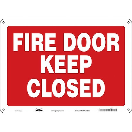 Safety Sign Emergency Exit, Aluminum, 14 in W, 10 in H, FIRE DOOR KEEP CLOSED, Red, White