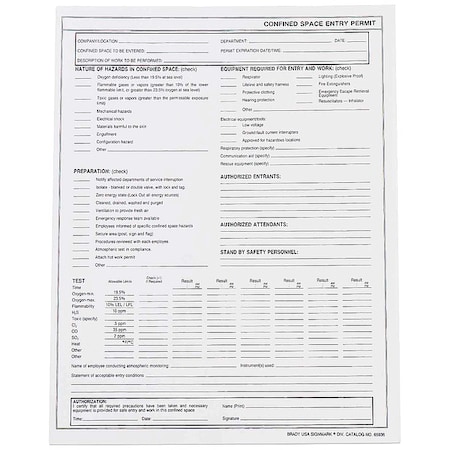 Confined Space Entry Permits, Paper, 11 in H x 8 1/2 in W, Black, White, 25 PK