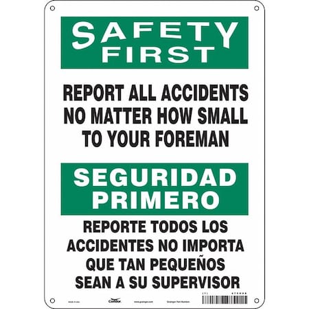 Safety Sign, 14 in Height, 10 in Width, Aluminum, Vertical Rectangle, English, Spanish, 475H08