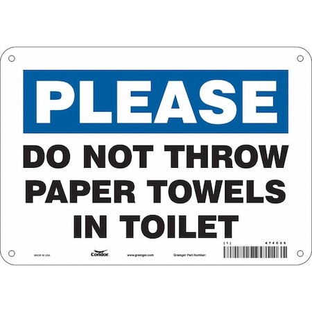 Please, DO NOT THROW PAPER TOWELS IN TOILET, 10 in W x 7 in H, Vertical Rectangle, Vinyl, 474C06