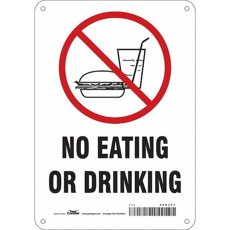 No Eating Or Drinking, 7 in W x 10 in H, Horizontal Rectangle, Aluminum, 468J53