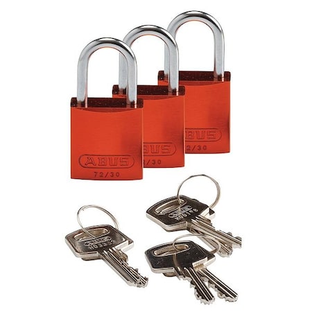 Lockout Padlock, Keyed Alike, Aluminum, Orange, 1 in Shackle Height, 1 1/4 in Body Width, 3 PK