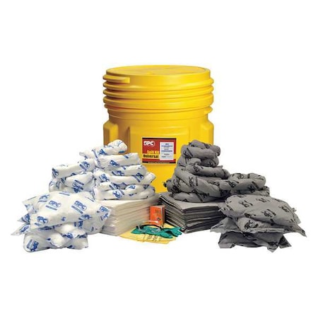 Spill Kit, 75 gal Volume Absorbed per Kit, 95 gal Capacity, Drum, Yellow